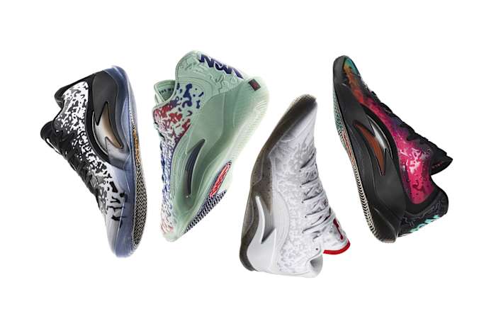 View of four colorways of the Jordan Zion 3 basketball shoe.